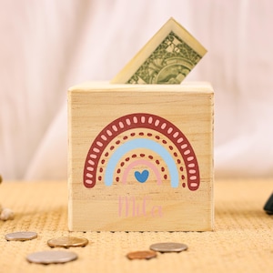 Rainbow Personalized Name Piggy Bank, Custom Rainbow Coin Bank, Wooden Rainbow Piggy Bank, Money Box, Gift for Child, Baby Boy Gift