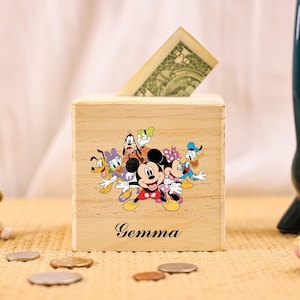 Alcancía de madera personalizada de Disney Mickey Mouse, regalo de cumpleaños perfecto para niñas, alcancía personalizada, caja de dinero de madera.