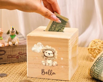 Hucha de madera personalizada con forma de león, hucha personalizada, regalo de cumpleaños para niños