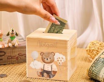 Salvadanaio in legno a forma di orso personalizzato, regalo per neonati, salvadanaio per bambini