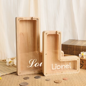 Personalized Wooden Letter Piggy Bank, Wooden Piggy Bank for Boys or Girls, Initial Coin, Alphabet Letter Bank, Birthday Gift for Kids