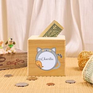 Custom Cat Piggy Bank, Personalized Piggy Bank, Wooden Coin Bank, Animal Piggy Bank, Custom Baby Birthday Gifts, Birthday Gift for Kids