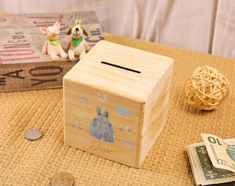 Alcancía de madera personalizada: alcancía con estampado colorido, regalo para niños