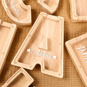 Personalized Wooden Letter Piggy Bank, Custom Initial Piggy Bank for Kids, Handmade Gift for Children, First Birthday Gift