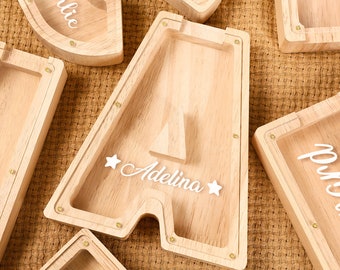 Alcancía de letras de madera personalizada, alcancía inicial personalizada para niños, regalo hecho a mano para niños, primer regalo de cumpleaños