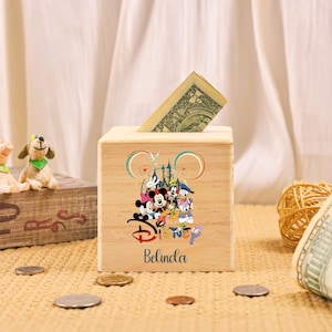 Alcancía de Disney, alcancía personalizada para niña, regalos de cumpleaños para niños, alcancía personalizada, caja de dinero de madera con nombre, Mickey Mouse