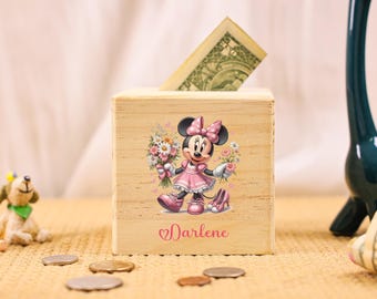 Salvadanaio in legno personalizzato Minnie Mouse rosa: regalo per bambina