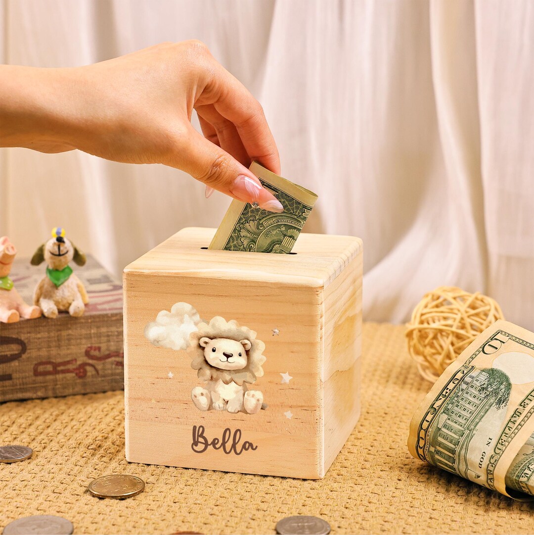 Personalized Lion Wooden Piggy Bank, Custom Coin Bank, Kids Birthday ...