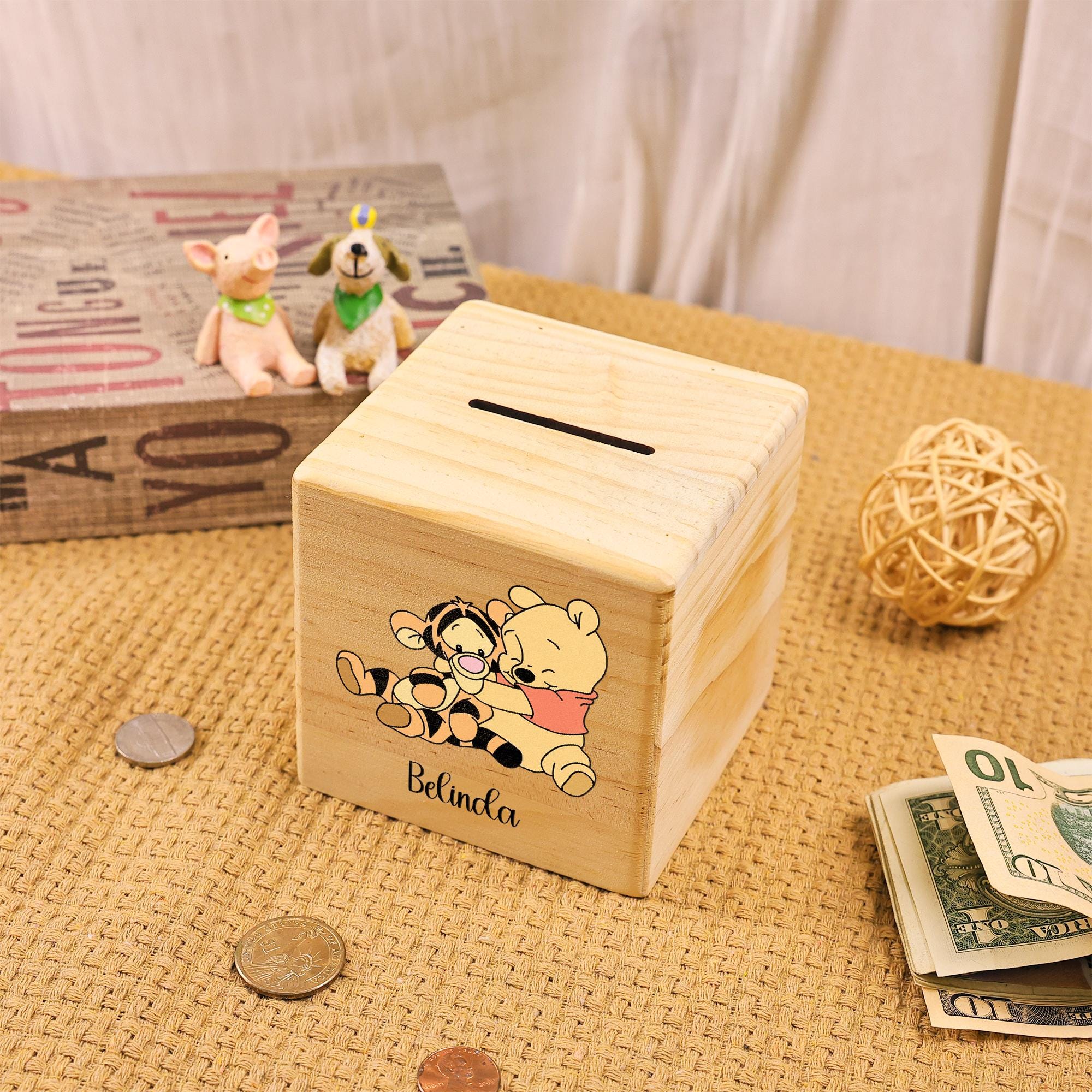 ピンクのミニーマウスの木製貯金箱：女の子へのギフト - Etsy 日本