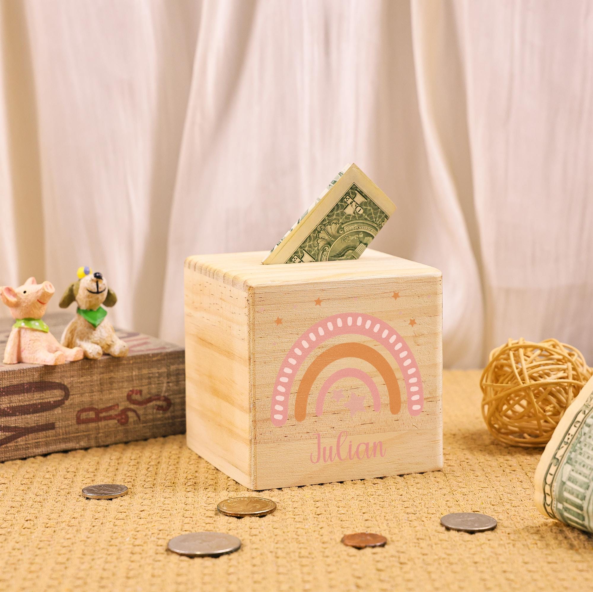 Personalized Money Box Rainbow, Wooden Money Box with Name, Birthday Gift, Baptism, Baby Gift, Birth Gift, Baby, Children, Wooden Piggy Bank