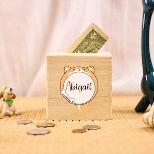 Natural Wood Dog Piggy Bank, Animal Coin Bank, Baptism Gift Girl, Personalised Money Box, Money Box, Boy Piggy Bank, Birthday Gift