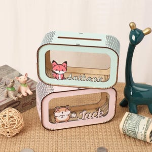 Tirelire en bois personnalisée, dessins d'animaux mignons (renard, hamster), tirelire avec nom personnalisé, cadeau d'anniversaire pour enfant/bébé, tirelire
