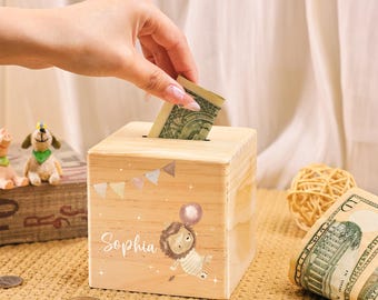 Personalized Name Piggy Bank, Custom Coin Bank, Wooden Piggy Money Box, Christenings, Baptism Gift, Birthday Party Gift, Baby Girl/Boy Gift