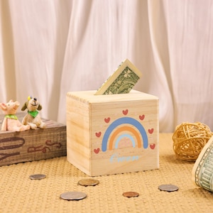 Rainbow Wooden Money Box, Personalized Name Piggy Bank, Rainbow Piggy Bank, Custom Rainbow Coin Bank, Gift for Child, Baby Boy Gift