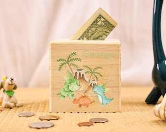 Custom Kids Piggy Bank, Dinosaur Coin Box with Name, Wooden Money Jar, Cute Gift for Child, Toddler Savings Bank