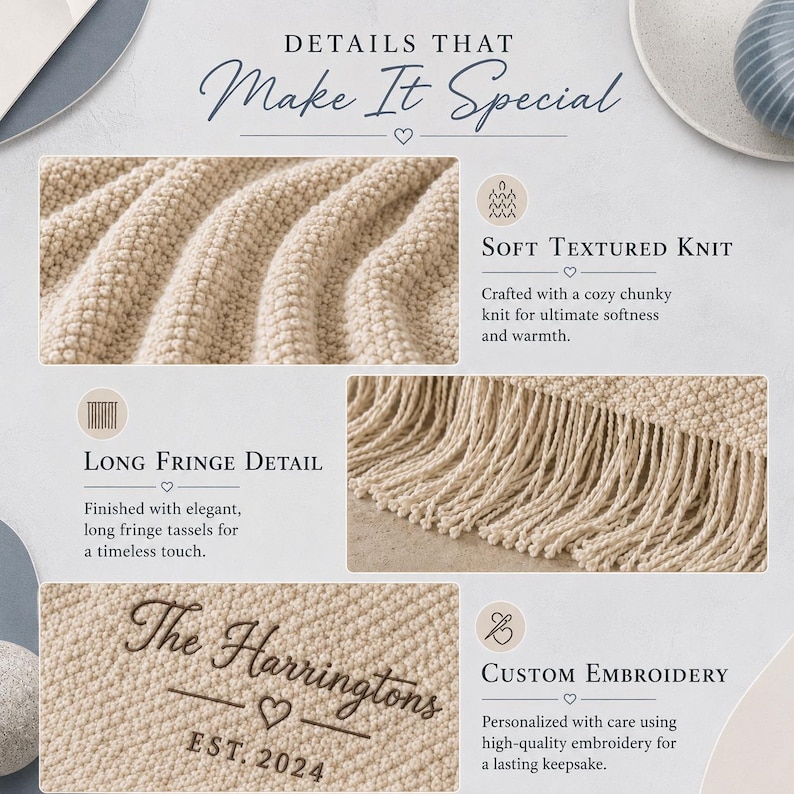 Puede incluir: Una manta de punto beige con flecos largos y un bordado personalizado que dice The Harringtons EST. 2024 con un icono de coraz&oacute;n. La imagen destaca la textura suave del tejido, los detalles de los flecos y el bordado personalizado.