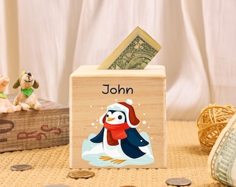 Custom Winter Animals Piggy Coin Bank with Name, Personalized Animals Piggy Bank, Children's Piggy Bank, Wooden Piggy Bank, Children's Gifts