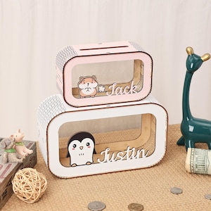 Cofrinho com tema de animais fofos, cofrinho de madeira personalizado, cofrinho com nome personalizado, ótima ideia de presente para crianças, cofrinhos divertidos para meninos