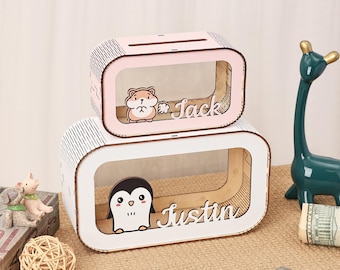 Personalized Wooden Piggy Bank: Animal Theme, Custom Name