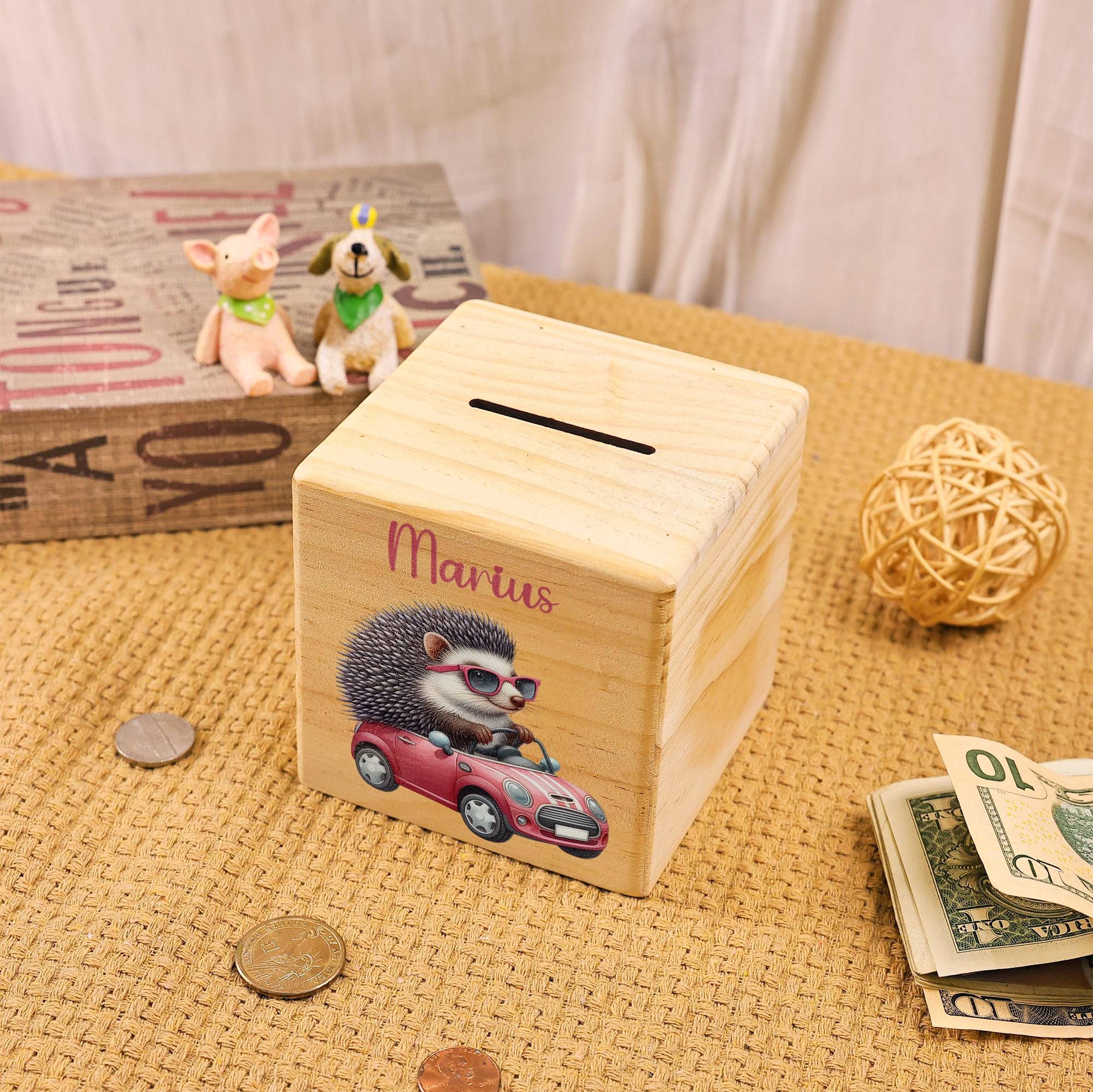 パーソナライズされた漫画動物の木製貯金箱、カスタムキッズコインボックス - Etsy 日本