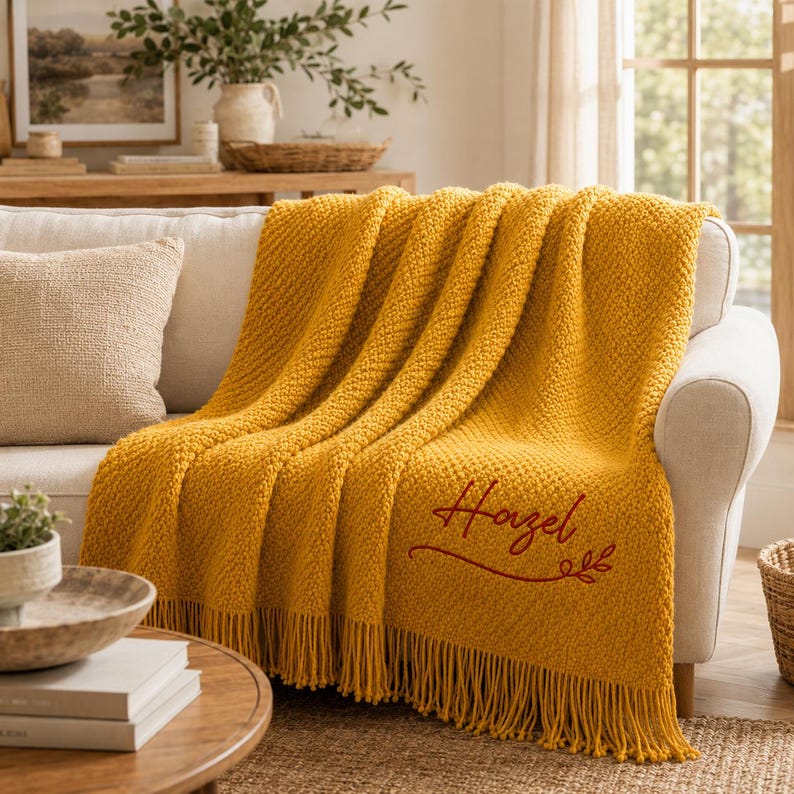 Puede incluir: Una manta de punto grueso color amarillo mostaza con un patr&oacute;n de textura y flecos largos en el borde inferior. El nombre Hazel est&aacute; bordado en una letra cursiva de color rojo oscuro con un adorno decorativo en la esquina inferior derecha.