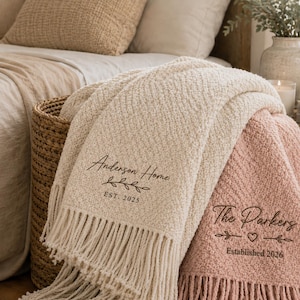 Personalized Knit Throw Blanket, Custom Family Name Blanket, Housewarming Gift, Embroidered Home Decor Blanket, Cozy Couch Throw