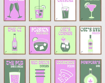 Estampados de barra de la Universidad de Athens, Ohio / Conjunto de 12 piezas combinables / Colección rosa y verde