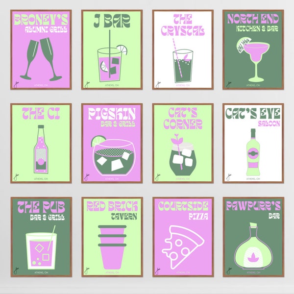 Athens, Ohio University Bar Prints | Mix & Match 12 Set | Pink + Green Collection