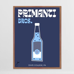 May include: A blue and white illustration of a bottle of Primanti Bros. soda with a paw print logo. The text "Primanti Bros." is in a retro font and the text "State College, PA" is at the bottom of the image.