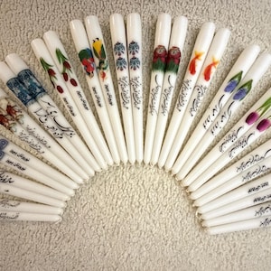 Handmade Farsi Calligraphy Taper Candles: Norooz Haftsin Set of 2, size 10 inches