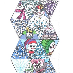May include: A hand-drawn illustration of connected, colourful, triangular panels. Each panel displays a unique snowman design, with hats, scarves, and snowflake patterns. The phrase "Happy New Year!" is visible on one panel.