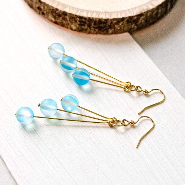 Light blue dangle earrings; Triple drop; Mermaid glass beads; Everyday fashion jewelry