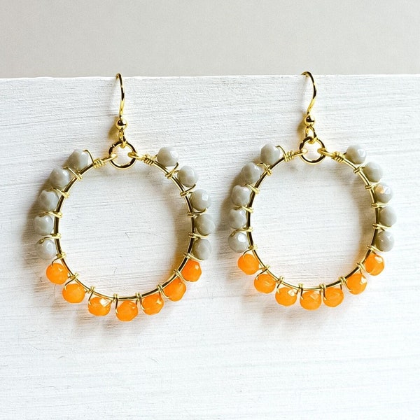 Czech glass hoop dangles; Wire-wrapped circular earrings; Orange, gray & gold colors; Everyday fashion jewelry