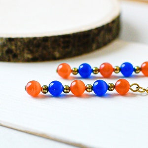 Orange & blue earrings; Beaded stick dangle; Cat&#39;s eye beads; Lightweight everyday jewelry