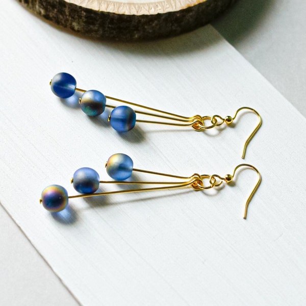 Triple dangle earrings; Czech glass beads; Dark iris blue / purple color; Dressy casual fashion jewelry
