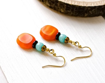 Orange Czech glass earrings; Turquoise, brown, and gold colors; Glass beads; Everyday simple fashion jewelry for her