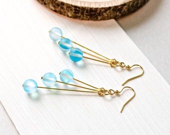 Light blue dangle earrings; Triple drop; Mermaid glass beads; Everyday fashion jewelry