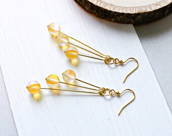 Yellow triple dangle earrings; 3 bead drop; Mermaid glass beads; Everyday jewelry