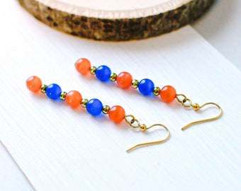 Orange & blue earrings; Beaded stick dangle; Cat's eye beads; Lightweight everyday jewelry