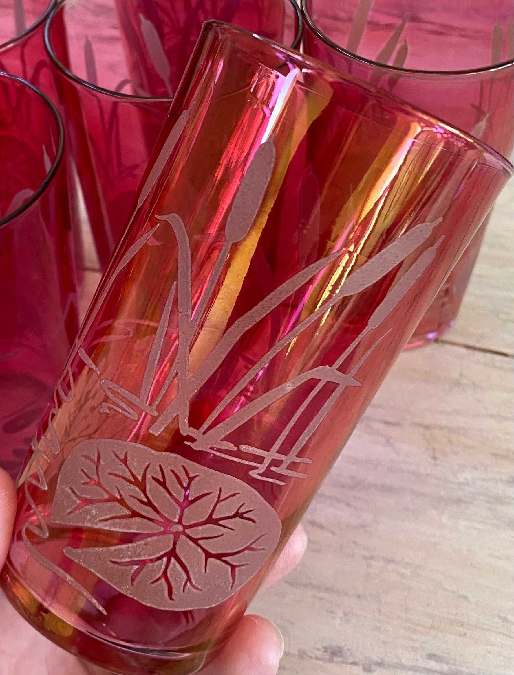 Vintage Cranberry Iridescent Glass Tumblers Etched With Etsy