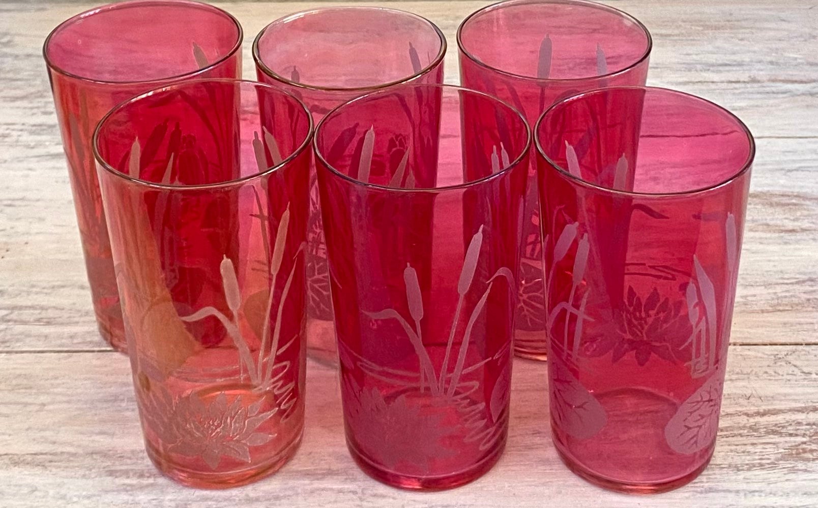 Vintage Cranberry Iridescent Glass Tumblers Etched With Etsy