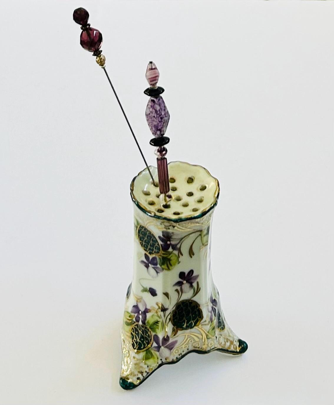 Vintage Nippon Porcelain Hat Pin Holder: Hand-painted  display picture 2