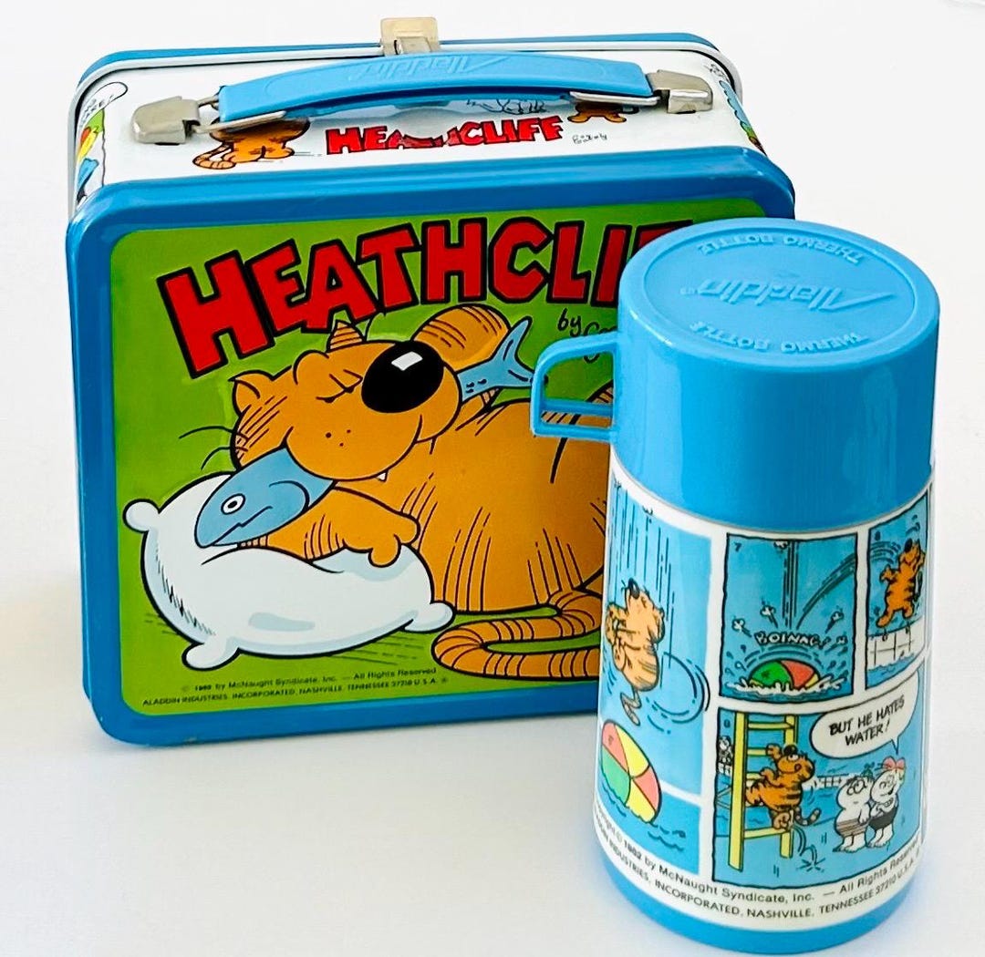Vintage 1982 HEATHCLIFF Cartoon Metal Lunch Box With Matching