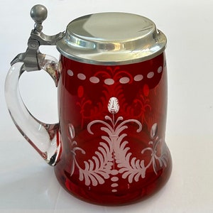 Vintage Authentic German Beer Stein Ruby Overlay Etched to Clear Glass