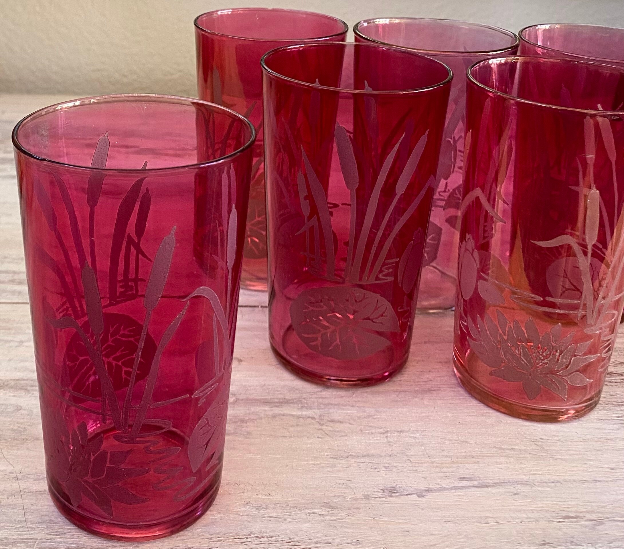 Vintage Cranberry Iridescent Glass Tumblers Etched With Etsy