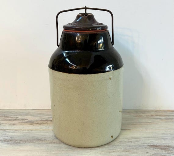 Antique Weir Stoneware Crock: Primitive Salt Glazed Canning Jar with Lid