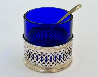 Vintage Webster Sterling Silver Cobalt Glass Mustard Pot with Spoon (No Lid)