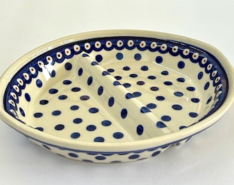 Vintage Hand Made BOLESLAWIEC Polish Pottery Shallow Oval Divided Baking Dish 12 inch Length