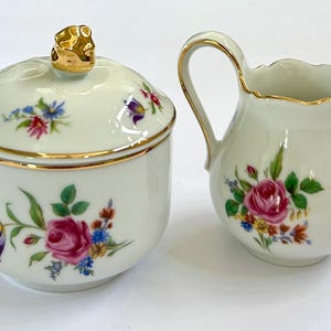 Vintage Bavaria Germany Springtime Floral Design Gold Trim Porcelain Creamer and Sugar Set