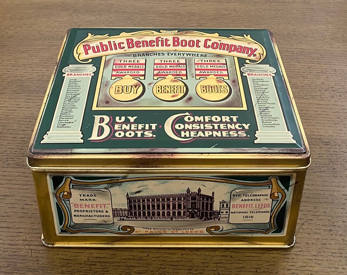 Vintage the Public Benefit Boot Company Tin With All Around Design and